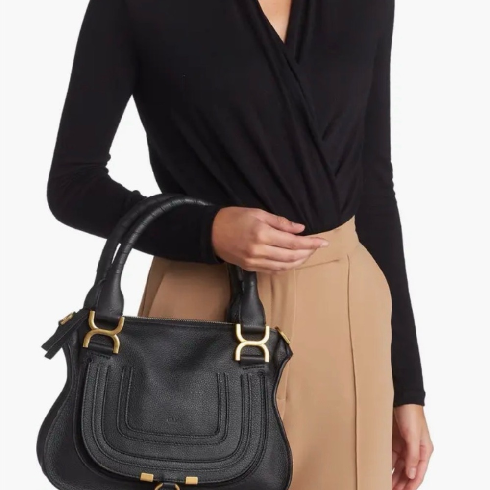 Chloe Small Marcie Leather Satchel Black Crossbody Bag with Gold Accents - Picture 6 of 16